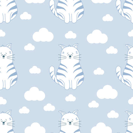 Seamless kids pattern with funny cat and clouds. Vector children background. Flat design.のイラスト素材