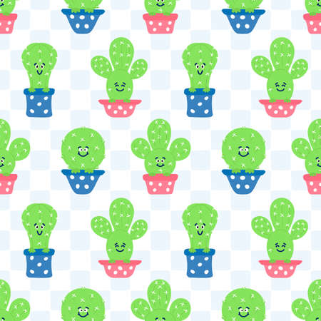 Seamless kids pattern Cacti on flower pots, square background. Vector children backdrop.のイラスト素材
