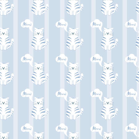 Seamless pattern with cat, clouds, word meow on lilac striped background. Child backdrop.のイラスト素材