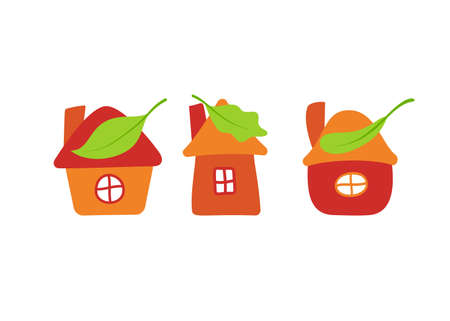 Set of fairy house with green leaf. Flat designのイラスト素材