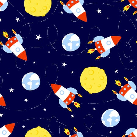 Seamless rocket pattern with ship, moon, earth, stars, stripe way. Vector kids background.のイラスト素材