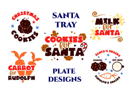 Set of Santa tray with funny quotes Christmas cookies, milk, carrot for reindeer, snacks.のイラスト素材
