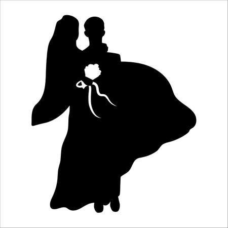 Silhouette of groom and bride with bouquet of flower. Black color shape.のイラスト素材