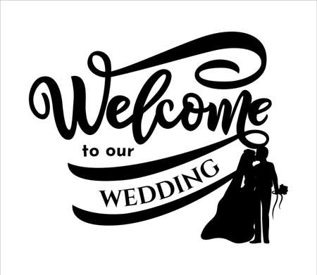 Welcome to wedding quote with wreath, rings. Hand script lettering style.のイラスト素材