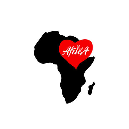 Map silhouette with texture red heart with word Africa.Hand lettering design.のイラスト素材