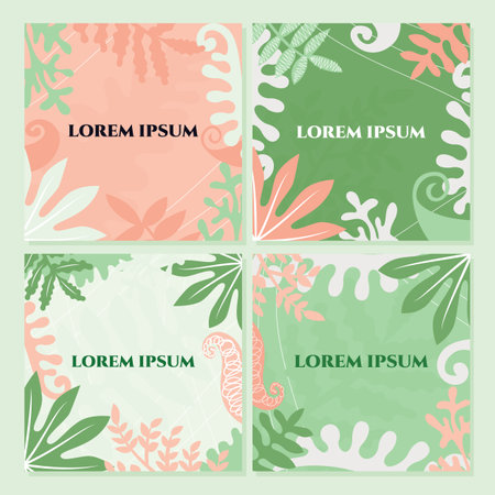 Set of abstract leaves banner, natural background. Green, pink colors Vector backdrop.のイラスト素材