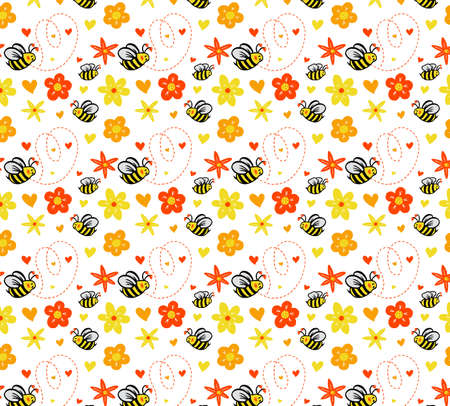 Funny Bee seamless pattern with colorful summer flowers. Hand drawn background.の写真素材