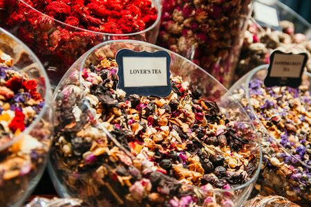 Various selection of tea leaves in marketの写真素材