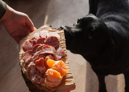 black dog sniffs cold cuts