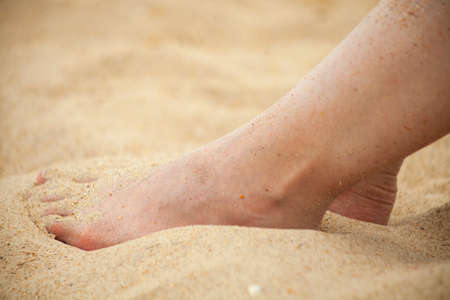 close-up photo of women's feet on the sand near the seaの写真素材