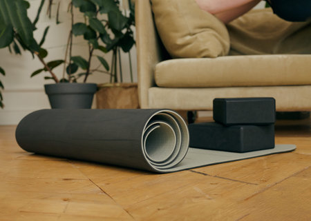 mats soft blocks for yoga classes lie on the floorの写真素材