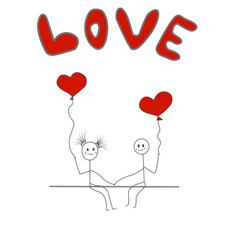 Stick figure man and woman with balloons, love.Eps10.のイラスト素材