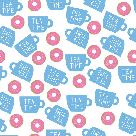Vector seamless pattern. Donut and cup on white background.のイラスト素材