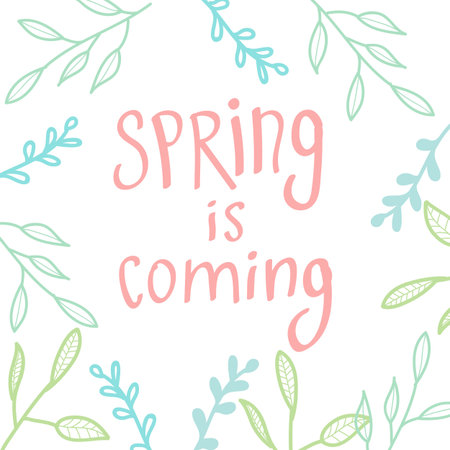 Spring is coming. Spring concept, contour branches and leaves. Gentle pink inscription in the...