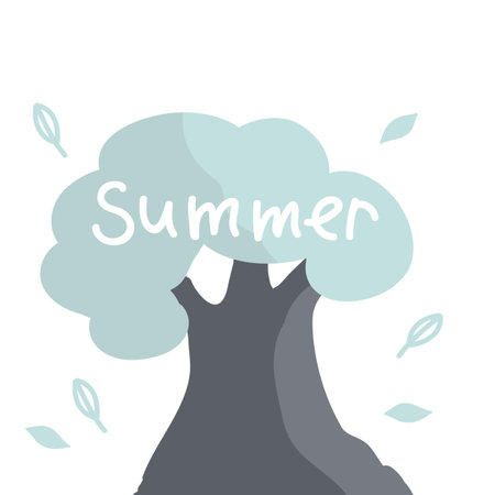 Summer. White letters. Tree in cartoon style. Summer concept.