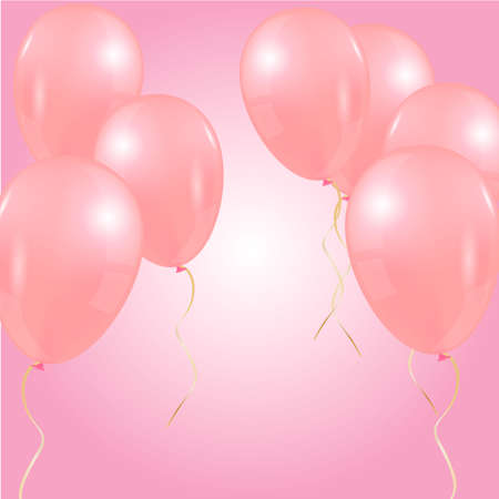 Gently pink balloons with gold ribbons on a pink background with room for text.のイラスト素材
