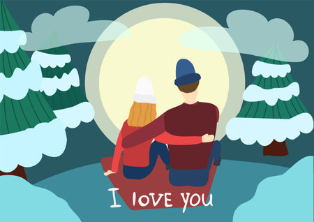 Couple looking at the moon, vector illustration in cartoon style.のイラスト素材