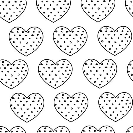 Black hearts in black polka dots. Vector seamless pattern of hearts in polka dots.のイラスト素材