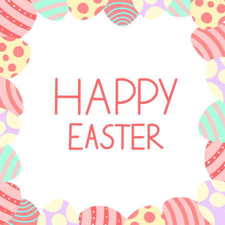 Happy Easter lettering in a frame made of colored eggs. Postcard for the holiday of Easter.のイラスト素材