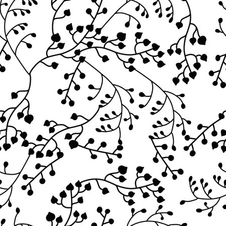 Natural, botanical seamless pattern with black branches.Black twigs with leaves.のイラスト素材