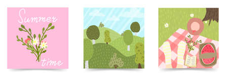 A set of vector summer illustrations. Cozy summer illustrations with a natural concept.