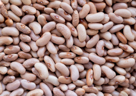 Lots of small brown beans in a large plug. Dry Beans top view.