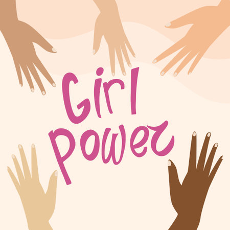 A poster with a group of hands and the words Girl Power written in pink. The poster is meant to convey the idea of unity and strength among women. International Women's Day.のイラスト素材
