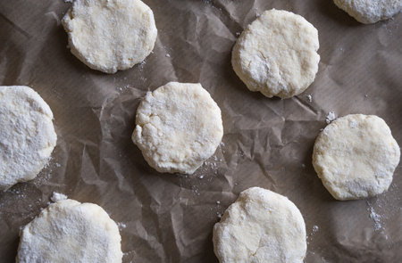 The workpiece for baking cookies on bakery paper is photographed on top.の写真素材