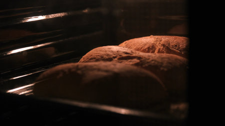 The loaves or breads rise slowly and bake in a warm oven under low light, creating a cozy atmosphere of home baking.の写真素材