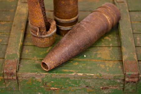 Iron shell of cannon. Historical museum ammunition. Unexploding war missile of XIX centuryの写真素材
