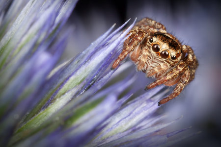 Jumping spider on the blue Sea holly flower