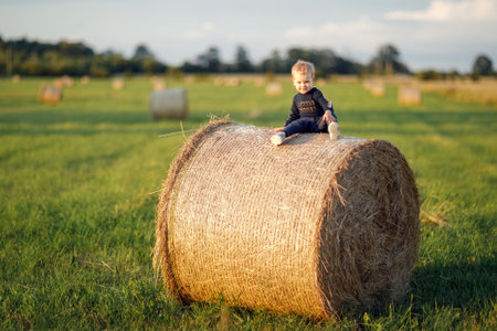 The little boy sits on a large roll of hay in a green meadow, posing beautifully with a smile.の写真素材