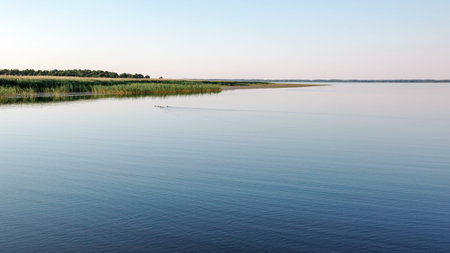 Calm water of the lagoon and a small swarm of ducks in the distance