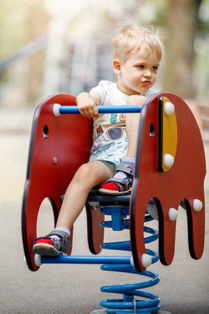 The blond little boy swings on a springy elephant-shaped swing on the playground during the summer.の写真素材