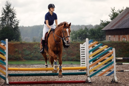 Equestrian jumper - Young girl jumping with cherry horse she completing a jump.の写真素材