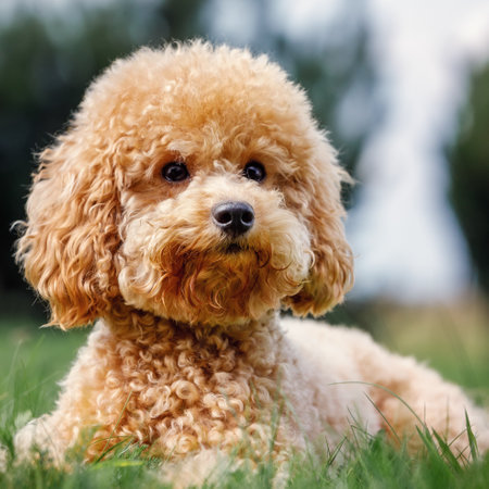 Close up portrait of small apricot colour curly poodle on the grass. Adorable pet in nature. The puppy poses for the camera and smiles. Square photo.の写真素材