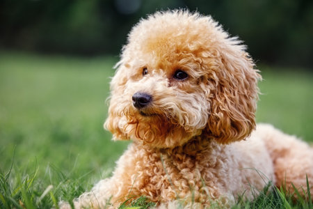 Small cute, puppy toy poodle on green grass.の写真素材