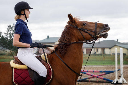 A young girl rides a brown horse, pulls on a leash to stop him.の写真素材