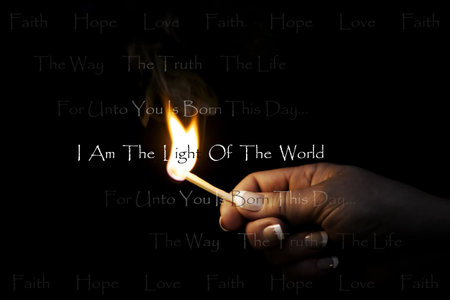 Woman's hand holding a blazing match which lights religious/Christian text: Faith Hope Love ~ The Way The Truth The Life ~ For unto you is born this day... ~ I am the light of the World.の写真素材