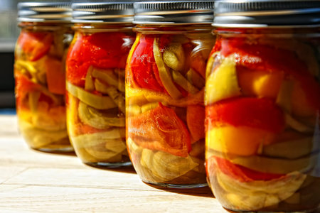 Jars of home canned organic spicy and sweet peppers sitting on the counter top in sunlight - Bell, Anaheim and Jalapeno Peppers (narrow depth of field, focus point on second jar from right).の写真素材