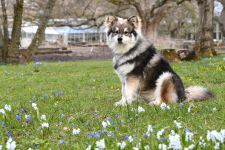 Portrait of a young puppy Finnish Lapphund sitting among flowers in spring