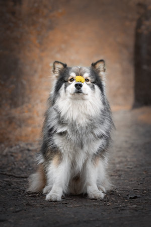 Portrait of a Finnish Lapphund dog outdoors in the forest or woods