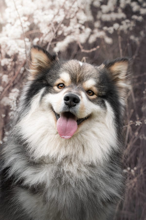 Portrait of a Finnish Lapphund dog outdoors among flowers