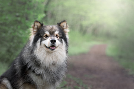 Portrait of a Finnish Lapphund dog outdoors in the forest or woods