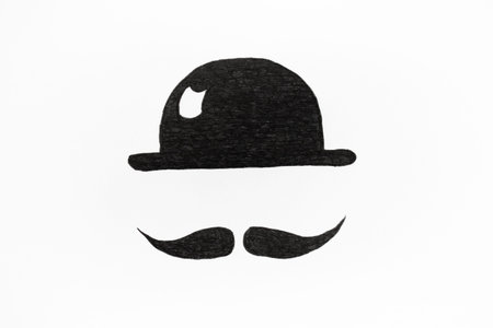 Photo of a drawing of a black hat and mustache on white paperの写真素材