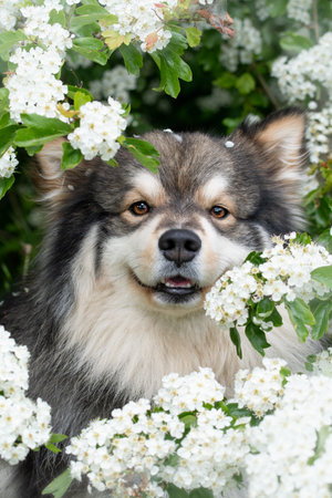 Portrait of a young Finnish Lapphund dog outdoors among flowers in springの写真素材