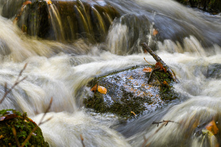 Photo of water flowing in a river during autumn or fall seasonの写真素材