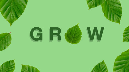 Background photo of green leaves on green background, text saying growの写真素材