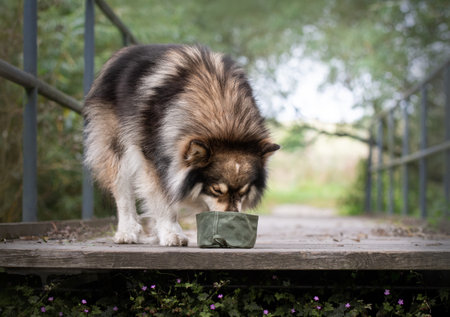 Portrait of a Finnish Lapphund dog drinking water from a water bowl outdoorsの写真素材