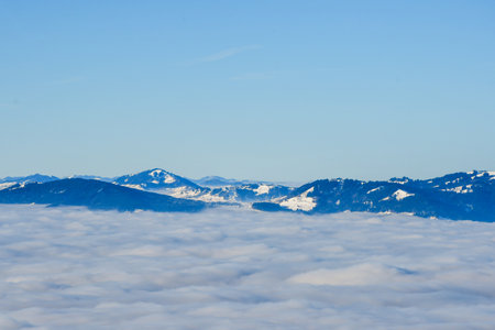 Landscape photo of mountains in snow and winter seasonの写真素材